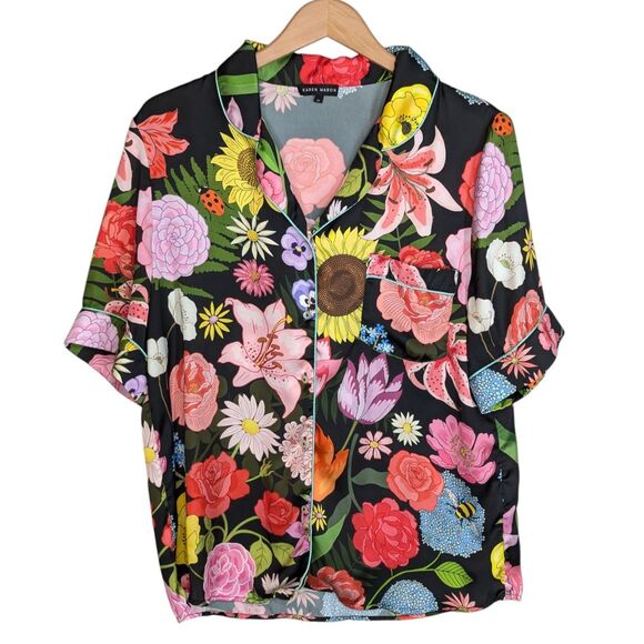 Karen Mabon Pajama Top Size M Black Floral Short Sleeve Button Up Artsy Modern - Picture 2 of 8